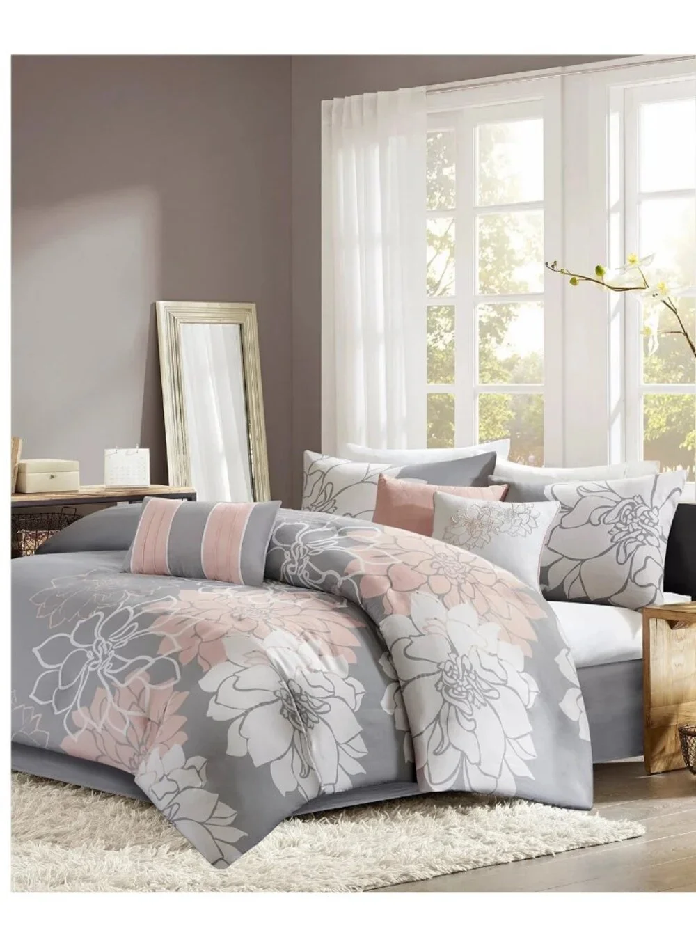 Madison Park Lola 6-Piece King Duvet Cover Set, Gray Blush Multi Floral
